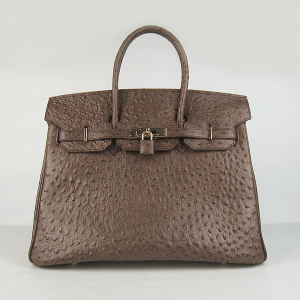 High Quality Fake Hermes Birkin 35CM Ostrich Veins Handbag Dark Coffee 6089